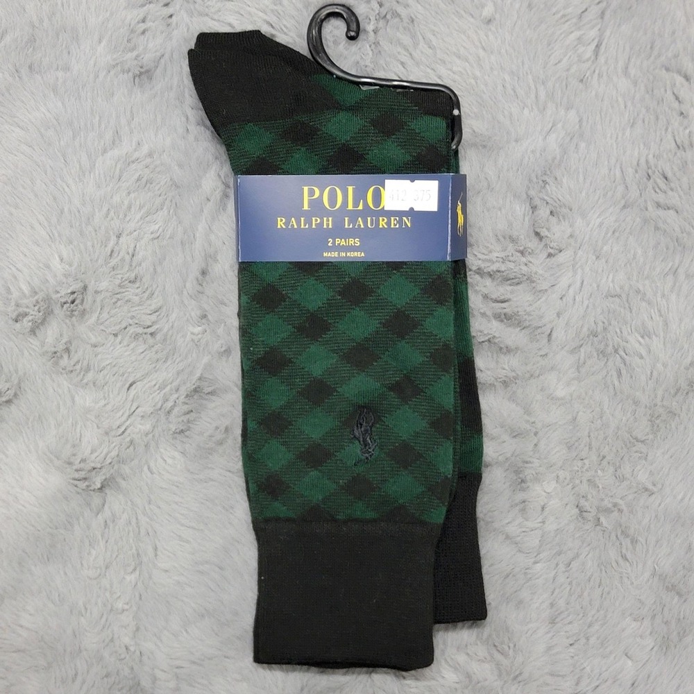 Polo Ralph Lauren Socks Mens 10-13 Green Argyle Pony Dress Mid Calf 2 Pairs